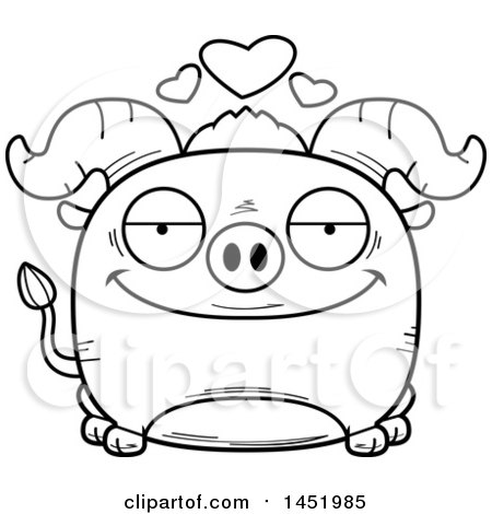Clipart Graphic of a Cartoon Black and White Lineart Loving Ox Character Mascot - Royalty Free Vector Illustration by Cory Thoman