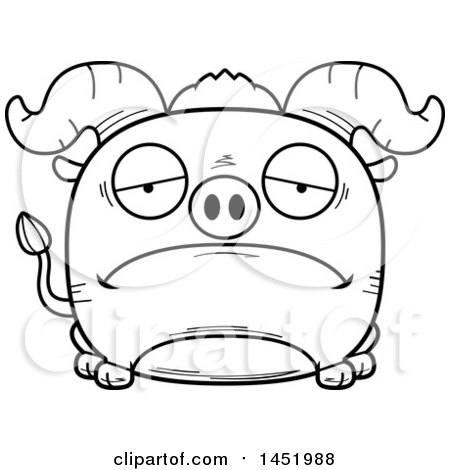 Clipart Graphic of a Cartoon Black and White Lineart Sad Ox Character Mascot - Royalty Free Vector Illustration by Cory Thoman