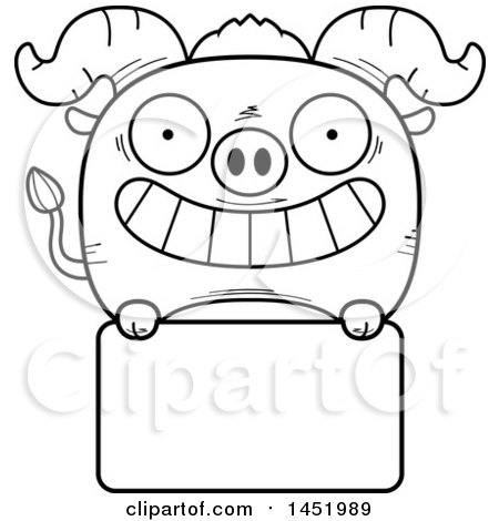 Clipart Graphic of a Cartoon Black and White Lineart Ox Character Mascot over a Blank Sign - Royalty Free Vector Illustration by Cory Thoman