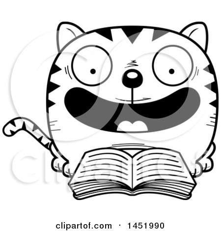 Clipart Graphic of a Cartoon Black and White Lineart Reading Cat Character Mascot - Royalty Free Vector Illustration by Cory Thoman