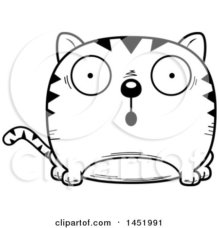 Clipart Graphic of a Cartoon Black and White Lineart Surprised Tabby Cat Character Mascot - Royalty Free Vector Illustration by Cory Thoman