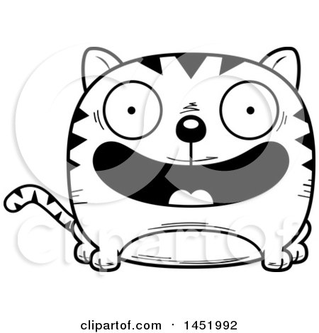 Clipart Graphic of a Cartoon Black and White Lineart Happy Tabby Cat Character Mascot - Royalty Free Vector Illustration by Cory Thoman