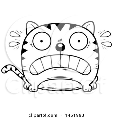 Clipart Graphic of a Cartoon Black and White Lineart Scared Tabby Cat Character Mascot - Royalty Free Vector Illustration by Cory Thoman