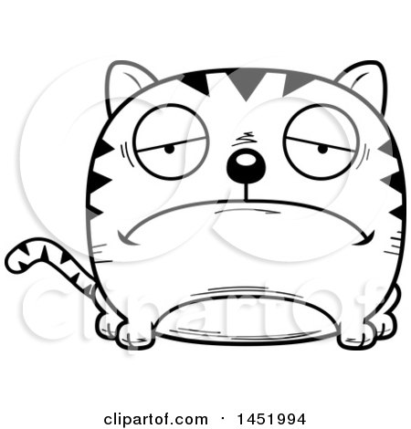 Clipart Graphic of a Cartoon Black and White Lineart Sad Tabby Cat Character Mascot - Royalty Free Vector Illustration by Cory Thoman