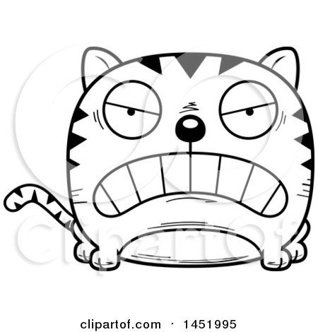 Clipart Graphic of a Cartoon Black and White Lineart Mad Tabby Cat Character Mascot - Royalty Free Vector Illustration by Cory Thoman