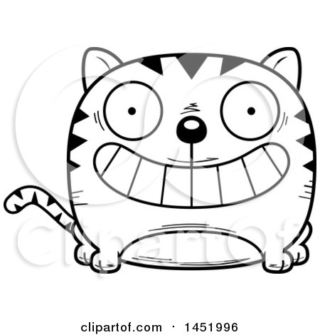 Clipart Graphic of a Cartoon Black and White Lineart Grinning Tabby Cat Character Mascot - Royalty Free Vector Illustration by Cory Thoman