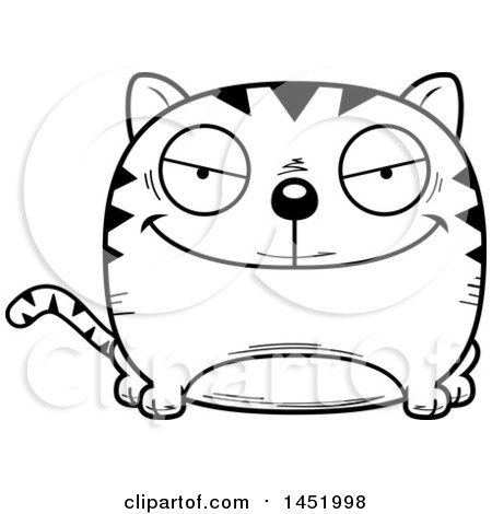 Clipart Graphic of a Cartoon Black and White Lineart Evil Tabby Cat Character Mascot - Royalty Free Vector Illustration by Cory Thoman