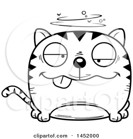 Clipart Graphic of a Cartoon Black and White Lineart Drunk Tabby Cat Character Mascot - Royalty Free Vector Illustration by Cory Thoman