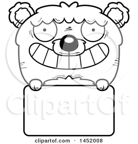 Clipart Graphic of a Cartoon Black and White Lineart Bear Character Mascot over a Blank Sign - Royalty Free Vector Illustration by Cory Thoman