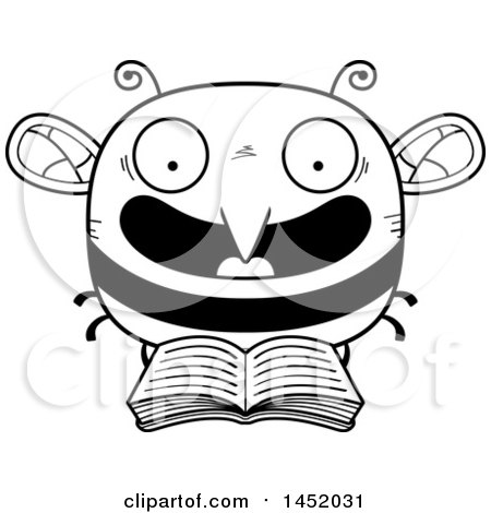 Clipart Graphic of a Cartoon Black and White Lineart Reading Bee Character Mascot - Royalty Free Vector Illustration by Cory Thoman