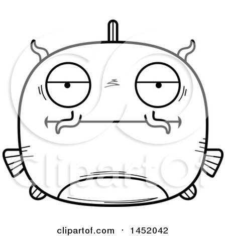 Clipart Graphic of a Cartoon Black and White Lineart Bored Catfish Character Mascot - Royalty Free Vector Illustration by Cory Thoman