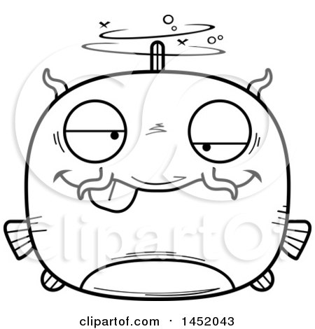 Clipart Graphic of a Cartoon Black and White Lineart Drunk Catfish Character Mascot - Royalty Free Vector Illustration by Cory Thoman