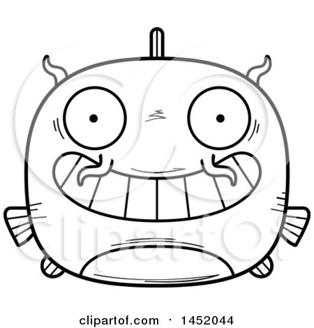Clipart Graphic of a Cartoon Black and White Lineart Grinning Catfish Character Mascot - Royalty Free Vector Illustration by Cory Thoman
