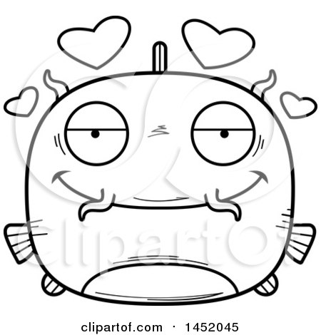 Clipart Graphic of a Cartoon Black and White Lineart Loving Catfish Character Mascot - Royalty Free Vector Illustration by Cory Thoman