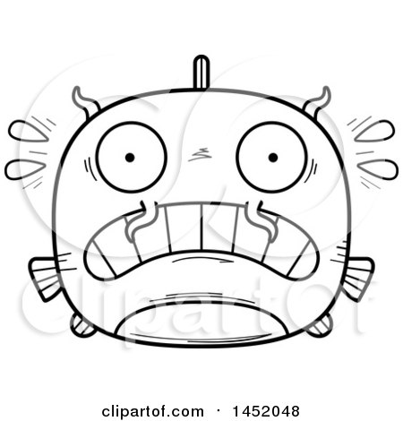 Clipart Graphic of a Cartoon Black and White Lineart Scared Catfish Character Mascot - Royalty Free Vector Illustration by Cory Thoman