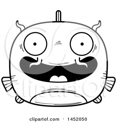 Clipart Graphic of a Cartoon Black and White Lineart Happy Catfish Character Mascot - Royalty Free Vector Illustration by Cory Thoman