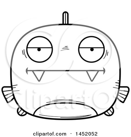 Clipart Graphic of a Cartoon Black and White Lineart Bored Piranha Fish Character Mascot - Royalty Free Vector Illustration by Cory Thoman