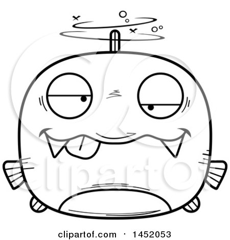 Clipart Graphic of a Cartoon Black and White Lineart Drunk Piranha Fish Character Mascot - Royalty Free Vector Illustration by Cory Thoman