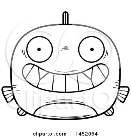 Clipart Graphic of a Cartoon Black and White Lineart Grinning Piranha Fish Character Mascot - Royalty Free Vector Illustration by Cory Thoman