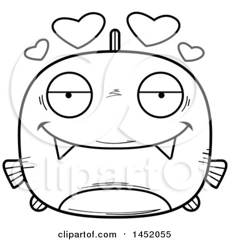 Clipart Graphic of a Cartoon Black and White Lineart Loving Piranha Fish Character Mascot - Royalty Free Vector Illustration by Cory Thoman