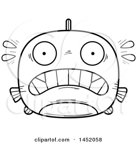 Clipart Graphic of a Cartoon Black and White Lineart Scared Piranha Fish Character Mascot - Royalty Free Vector Illustration by Cory Thoman