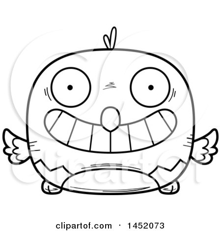 Clipart Graphic of a Cartoon Black and White Lineart Grinning Parrot Bird Character Mascot - Royalty Free Vector Illustration by Cory Thoman