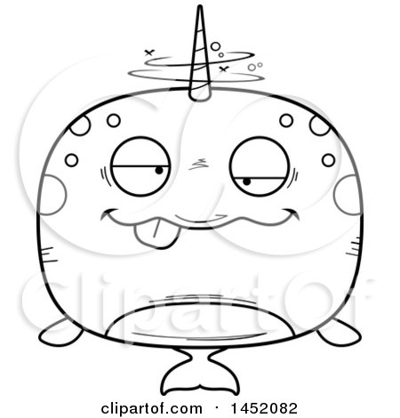 Clipart Graphic of a Cartoon Black and White Lineart Drunk Narwhal Character Mascot - Royalty Free Vector Illustration by Cory Thoman