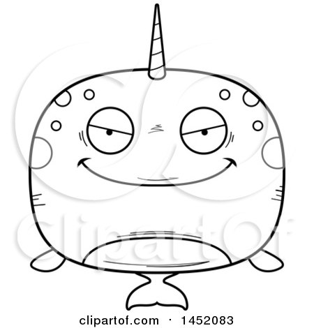 Clipart Graphic of a Cartoon Black and White Lineart Evil Narwhal Character Mascot - Royalty Free Vector Illustration by Cory Thoman