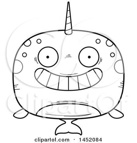 Clipart Graphic of a Cartoon Black and White Lineart Grinning Narwhal Character Mascot - Royalty Free Vector Illustration by Cory Thoman