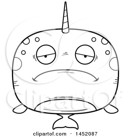 Clipart Graphic of a Cartoon Black and White Lineart Sad Narwhal Character Mascot - Royalty Free Vector Illustration by Cory Thoman