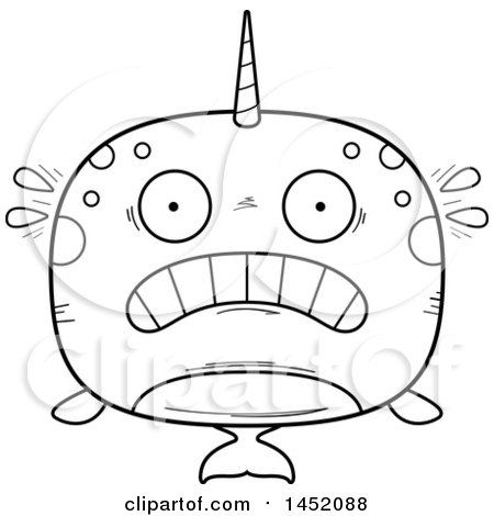 Clipart Graphic of a Cartoon Black and White Lineart Scared Narwhal Character Mascot - Royalty Free Vector Illustration by Cory Thoman