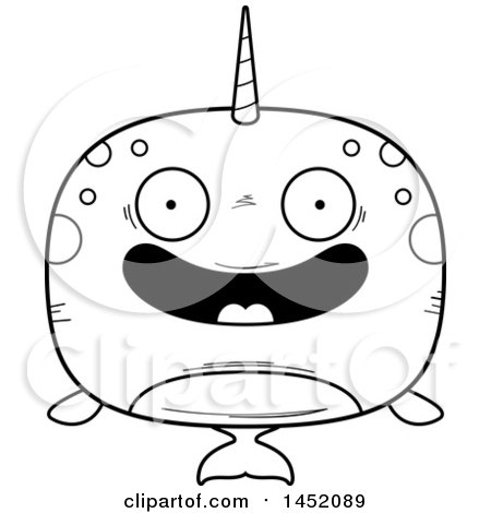 Clipart Graphic of a Cartoon Black and White Lineart Happy Narwhal Character Mascot - Royalty Free Vector Illustration by Cory Thoman