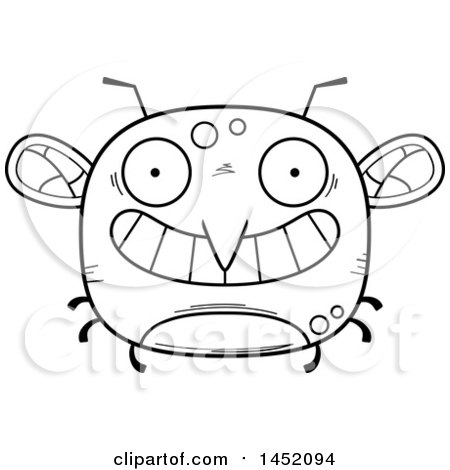 Clipart Graphic of a Cartoon Black and White Lineart Grinning Mosquito Character Mascot - Royalty Free Vector Illustration by Cory Thoman