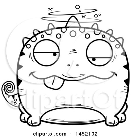 Clipart Graphic of a Cartoon Black and White Lineart Drunk Lizard Character Mascot - Royalty Free Vector Illustration by Cory Thoman
