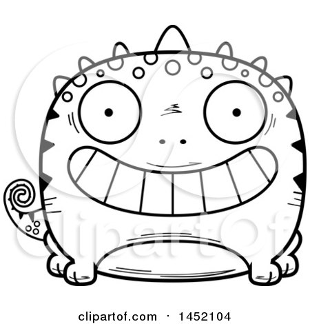 Clipart Graphic of a Cartoon Black and White Lineart Grinning Lizard Character Mascot - Royalty Free Vector Illustration by Cory Thoman