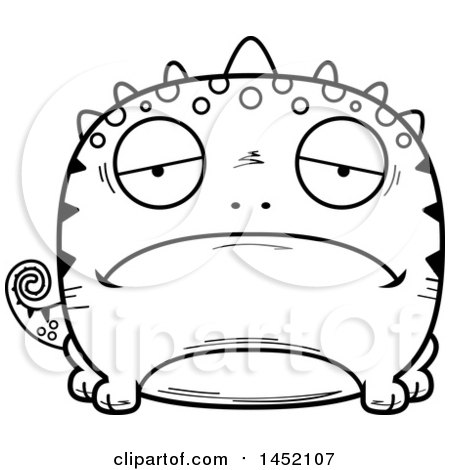Clipart Graphic of a Cartoon Black and White Lineart Sad Lizard Character Mascot - Royalty Free Vector Illustration by Cory Thoman