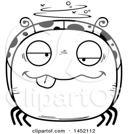Clipart Graphic of a Cartoon Black and White Lineart Drunk Ladybug Character Mascot - Royalty Free Vector Illustration by Cory Thoman