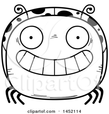 Clipart Graphic of a Cartoon Black and White Lineart Grinning Ladybug Character Mascot - Royalty Free Vector Illustration by Cory Thoman