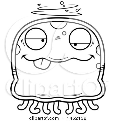 Clipart Graphic of a Cartoon Black and White Lineart Drunk Jellyfish Character Mascot - Royalty Free Vector Illustration by Cory Thoman