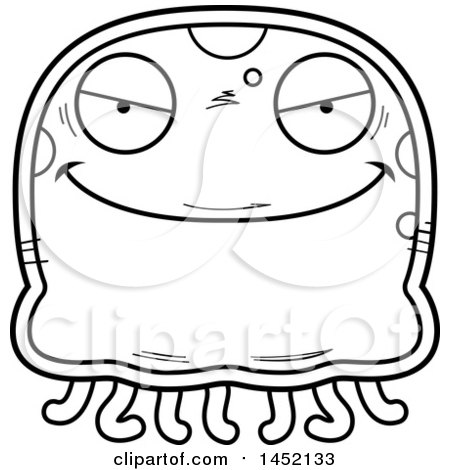 Clipart Graphic of a Cartoon Black and White Lineart Evil Jellyfish Character Mascot - Royalty Free Vector Illustration by Cory Thoman