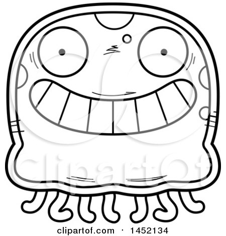 Clipart Graphic of a Cartoon Black and White Lineart Grinning Jellyfish Character Mascot - Royalty Free Vector Illustration by Cory Thoman