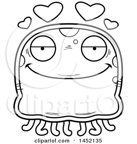 Clipart Graphic of a Cartoon Black and White Lineart Loving Jellyfish Character Mascot - Royalty Free Vector Illustration by Cory Thoman