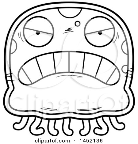 Clipart Graphic of a Cartoon Black and White Lineart Grinning Jellyfish Character Mascot - Royalty Free Vector Illustration by Cory Thoman