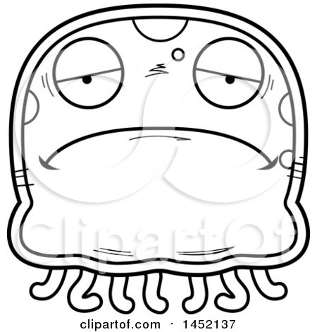 Clipart Graphic of a Cartoon Black and White Lineart Sad Jellyfish Character Mascot - Royalty Free Vector Illustration by Cory Thoman