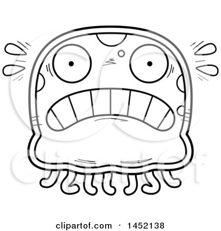 Clipart Graphic of a Cartoon Black and White Lineart Scared Jellyfish Character Mascot - Royalty Free Vector Illustration by Cory Thoman
