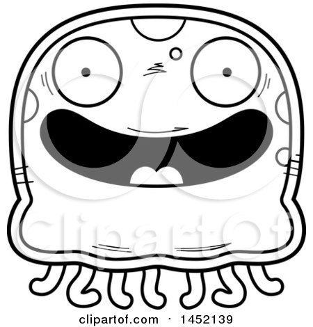 Clipart Graphic of a Cartoon Black and White Lineart Happy Jellyfish Character Mascot - Royalty Free Vector Illustration by Cory Thoman