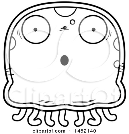Clipart Graphic of a Cartoon Black and White Lineart Surprised Jellyfish Character Mascot - Royalty Free Vector Illustration by Cory Thoman