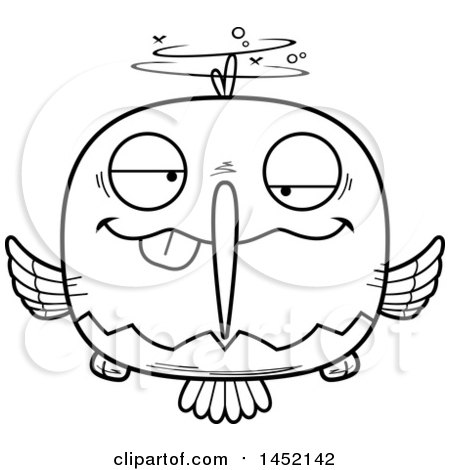 Clipart Graphic of a Cartoon Black and White Lineart Drunk Hummingbird Character Mascot - Royalty Free Vector Illustration by Cory Thoman