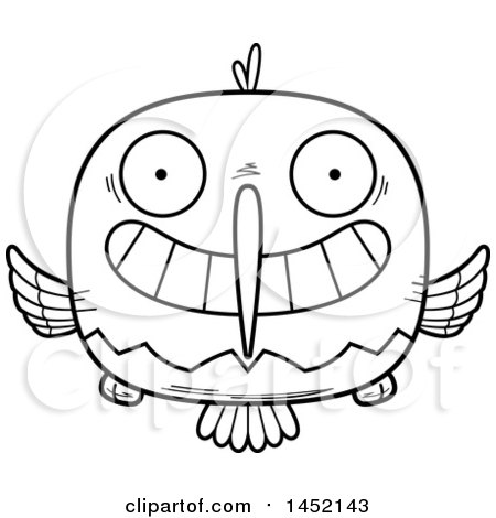 Clipart Graphic of a Cartoon Black and White Lineart Grinning Hummingbird Character Mascot - Royalty Free Vector Illustration by Cory Thoman