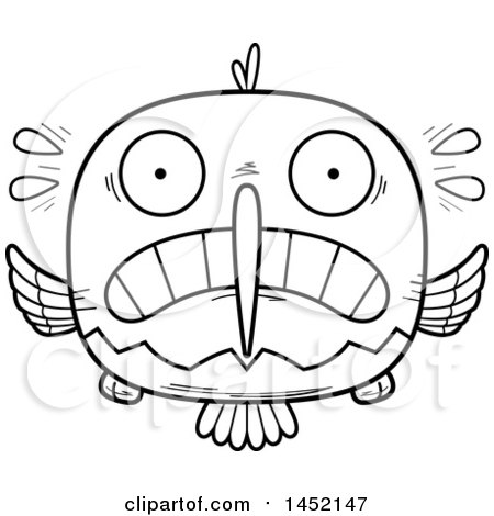 Clipart Graphic of a Cartoon Black and White Lineart Scared Hummingbird Character Mascot - Royalty Free Vector Illustration by Cory Thoman